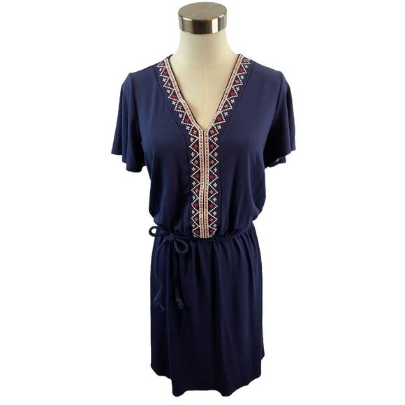 Small Tall Old Navy Navy Blue Knit Embroidered V-Neck Boho Dress - Picture 6 of 16